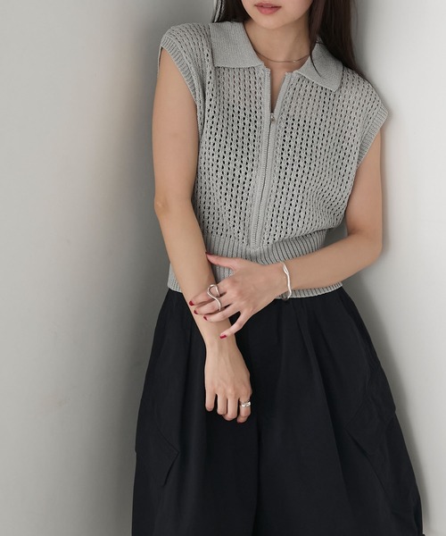 forksy.（フォルクシー）の「【forksy.】メッシュ編み 半袖ポロニット（ポロシャツ・レディース・ブラック/オフホワイト/グレー・FREE）」の19枚目の写真