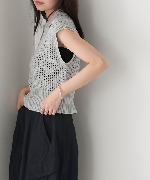 forksy.（フォルクシー）の「【forksy.】メッシュ編み 半袖ポロニット（ポロシャツ・レディース・ブラック/オフホワイト/グレー・FREE）」の21枚目の写真