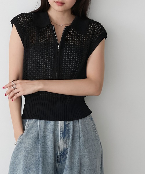 forksy.（フォルクシー）の「【forksy.】メッシュ編み 半袖ポロニット（ポロシャツ・レディース・ブラック/オフホワイト/グレー・FREE）」の10枚目の写真