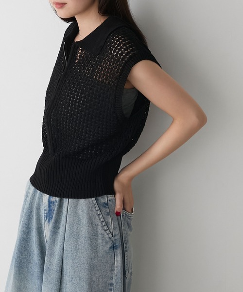 forksy.（フォルクシー）の「【forksy.】メッシュ編み 半袖ポロニット（ポロシャツ・レディース・ブラック/オフホワイト/グレー・FREE）」の11枚目の写真