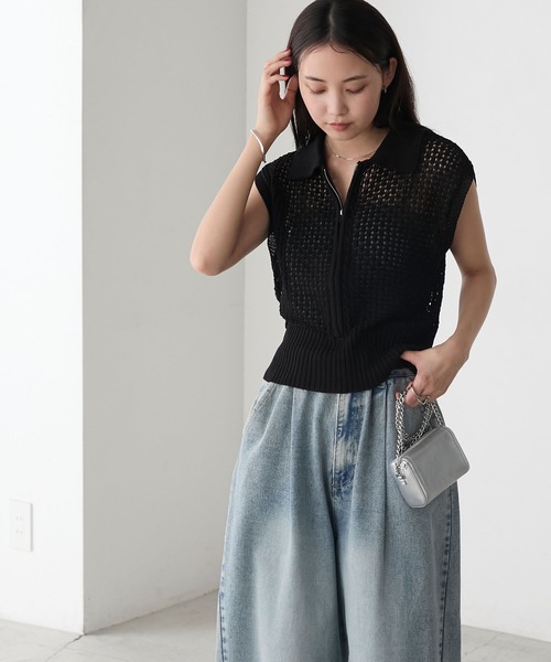 forksy.（フォルクシー）の「【forksy.】メッシュ編み 半袖ポロニット（ポロシャツ・レディース・ブラック/オフホワイト/グレー・FREE）」の12枚目の写真
