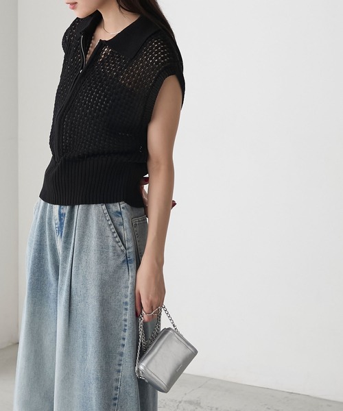 forksy.（フォルクシー）の「【forksy.】メッシュ編み 半袖ポロニット（ポロシャツ・レディース・ブラック/オフホワイト/グレー・FREE）」の13枚目の写真