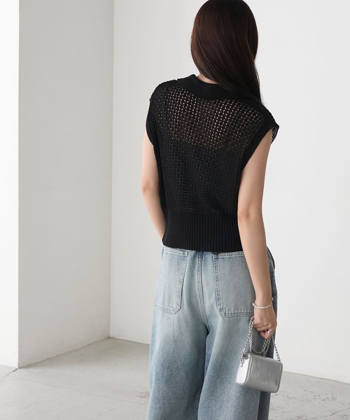 forksy.（フォルクシー）の「【forksy.】メッシュ編み 半袖ポロニット（ポロシャツ・レディース・ブラック/オフホワイト/グレー・FREE）」の14枚目の写真