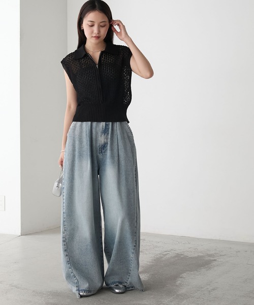 forksy.（フォルクシー）の「【forksy.】メッシュ編み 半袖ポロニット（ポロシャツ・レディース・ブラック/オフホワイト/グレー・FREE）」の15枚目の写真