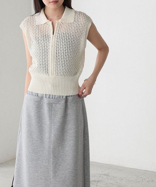 forksy.（フォルクシー）の「【forksy.】メッシュ編み 半袖ポロニット（ポロシャツ・レディース・ブラック/オフホワイト/グレー・FREE）」の4枚目の写真