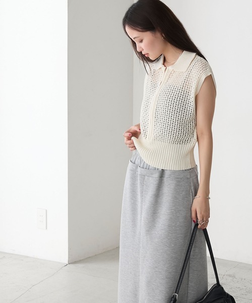 forksy.（フォルクシー）の「【forksy.】メッシュ編み 半袖ポロニット（ポロシャツ・レディース・ブラック/オフホワイト/グレー・FREE）」の5枚目の写真