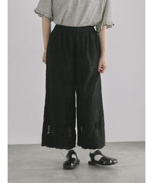 ツハルバイサマンサモスモス　コードエンブロイダリー　裾スカラップパンツ　ブラウス セール】 【コードエンブロイダリー】裾スカラップパンツ（ブラック