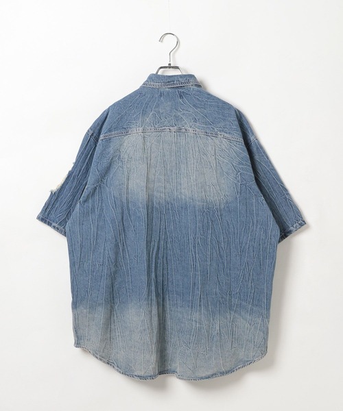 LAND MUSEUM（ランドミュージアム）の「LAND MUSEUM／ダメージデニム半袖シャツ（シャツ/ブラウス・メンズ・ブラック/ブルー・MEDIUM/LARGE）」の3枚目の写真