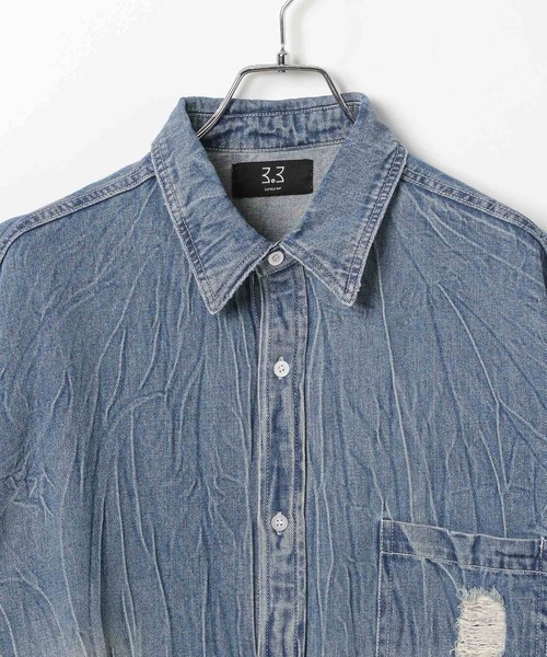 LAND MUSEUM（ランドミュージアム）の「LAND MUSEUM／ダメージデニム半袖シャツ（シャツ/ブラウス・メンズ・ブラック/ブルー・MEDIUM/LARGE）」の4枚目の写真