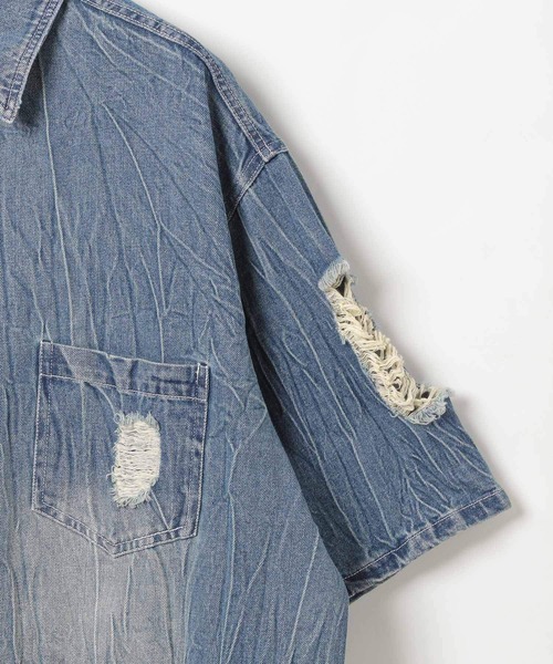 LAND MUSEUM（ランドミュージアム）の「LAND MUSEUM／ダメージデニム半袖シャツ（シャツ/ブラウス・メンズ・ブラック/ブルー・MEDIUM/LARGE）」の6枚目の写真