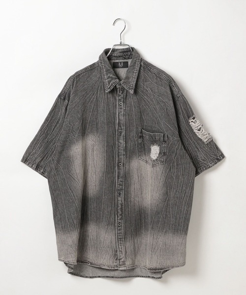 LAND MUSEUM（ランドミュージアム）の「LAND MUSEUM／ダメージデニム半袖シャツ（シャツ/ブラウス・メンズ・ブラック/ブルー・MEDIUM/LARGE）」の21枚目の写真