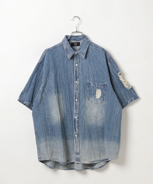 LAND MUSEUM（ランドミュージアム）の「LAND MUSEUM／ダメージデニム半袖シャツ（シャツ/ブラウス・メンズ・ブラック/ブルー・MEDIUM/LARGE）」の22枚目の写真
