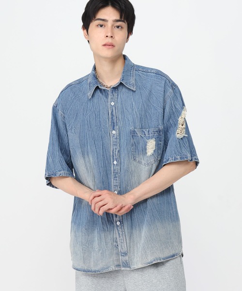 LAND MUSEUM（ランドミュージアム）の「LAND MUSEUM／ダメージデニム半袖シャツ（シャツ/ブラウス・メンズ・ブラック/ブルー・MEDIUM/LARGE）」の15枚目の写真