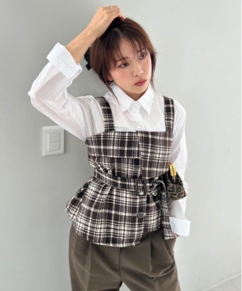 eriko katori チェック柄ビスチェ セール】ipugo/イプゴ ベルト付きチェック柄ビスチェ シャツ セット