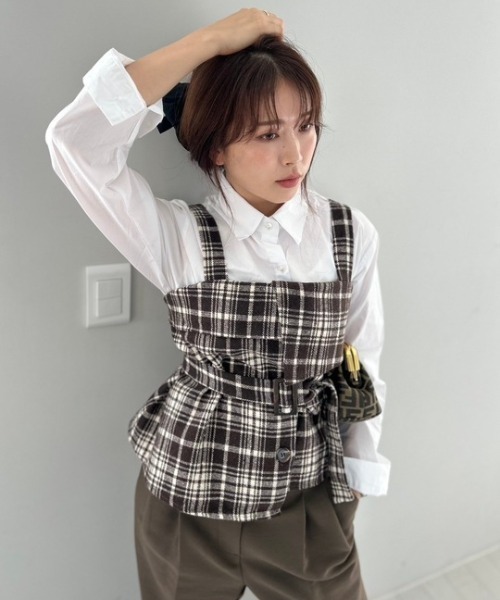 ipugo(イプゴ)の「ipugo/イプゴ ベルト付きチェック柄ビスチェ シャツ セット(アンサンブル・レディース・ブラック/ブラウン・FREE)」の13枚目の写真