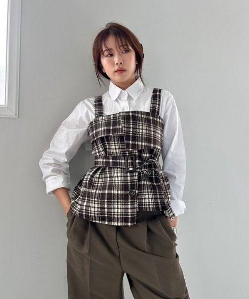 ipugo(イプゴ)の「ipugo/イプゴ ベルト付きチェック柄ビスチェ シャツ セット(アンサンブル・レディース・ブラック/ブラウン・FREE)」の14枚目の写真