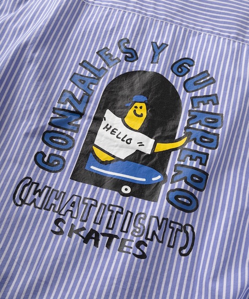 (What it isNt)ART BY MARKGONZALES(ワットイットイズント)の「【75】【(What it isNt) ART BY MARK GONZALES/ワットイズイズント マークゴンザレス】裾ドローコード付 チェック&ストライプ ワンポイント刺繍 バックデザイン 半袖シャツ オーバーサイズ(シャツ/ブラウス・メンズ・サックスブルー/ブラック・M/L/XL)」の11枚目の写真