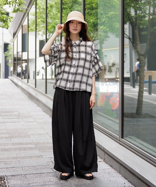 セール】シアーオンブレチェックフリルシャツ（シャツ/ブラウス