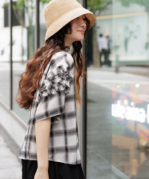 ニコアンド　シアーオンブレチェックフリルシャツ セール】シアーオンブレチェックフリルシャツ（シャツ/ブラウス