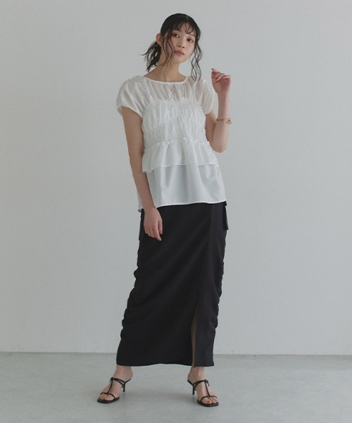 USED 古着 ブラック リネン 混合 シャーリング シアー ブラウス シャツ セール】【Abor】ハイネックシャーリングオーバーシャツ（シャツ