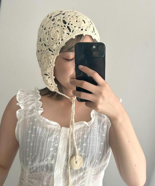 WEGO（ウィゴー）の「WEGO/紐付きクロシェハット（ニットキャップ/ビーニー・レディース・ブラック/アイボリー・FREE）」の3枚目の写真