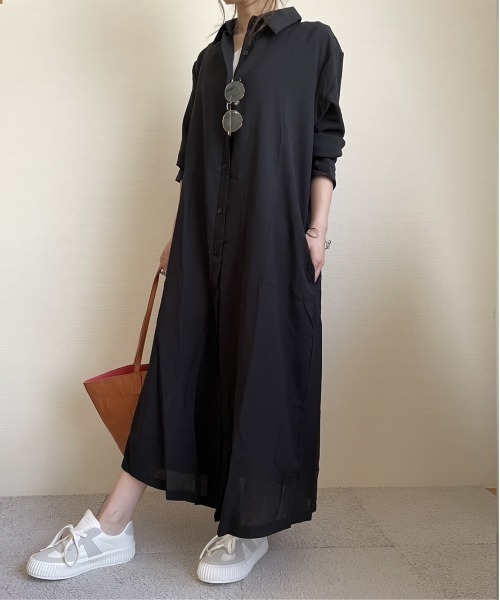 ARCADE(アーケード)の「秋服 フレア ロングシャツ 伸縮カットソー ワンピース -ARCADE Limited Line-(シャツワンピース・レディース・ブラック/ワイン/モスグリーン/マスタード・FREE)」の1枚目の写真