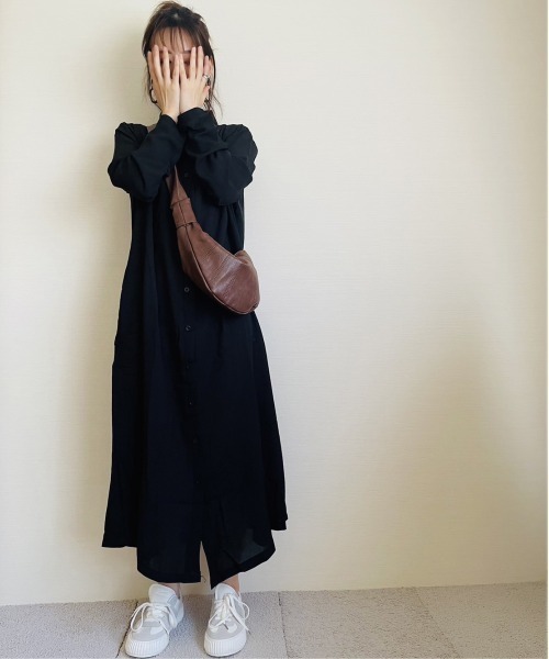 ARCADE(アーケード)の「秋服 フレア ロングシャツ 伸縮カットソー ワンピース -ARCADE Limited Line-(シャツワンピース・レディース・ブラック/ワイン/モスグリーン/マスタード・FREE)」の7枚目の写真