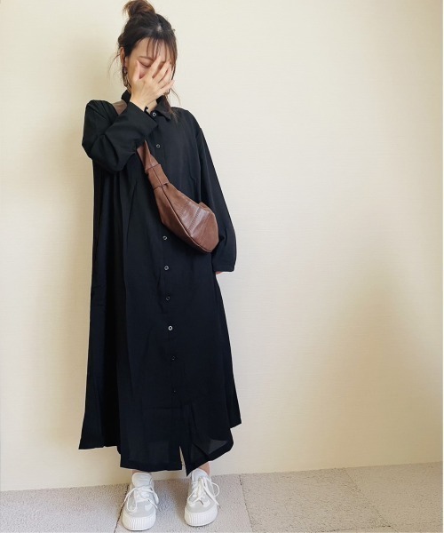 ARCADE(アーケード)の「秋服 フレア ロングシャツ 伸縮カットソー ワンピース -ARCADE Limited Line-(シャツワンピース・レディース・ブラック/ワイン/モスグリーン/マスタード・FREE)」の8枚目の写真