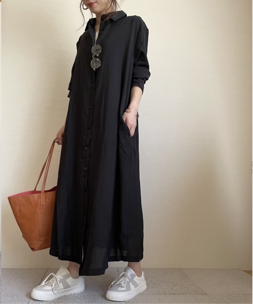 ARCADE(アーケード)の「秋服 フレア ロングシャツ 伸縮カットソー ワンピース -ARCADE Limited Line-(シャツワンピース・レディース・ブラック/ワイン/モスグリーン/マスタード・FREE)」の9枚目の写真