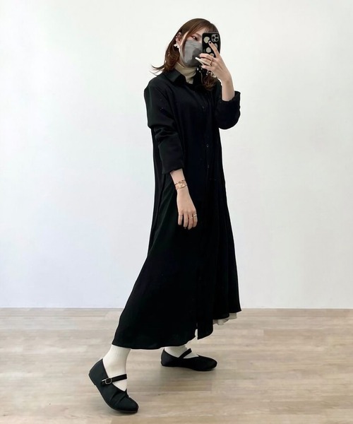 ARCADE(アーケード)の「秋服 フレア ロングシャツ 伸縮カットソー ワンピース -ARCADE Limited Line-(シャツワンピース・レディース・ブラック/ワイン/モスグリーン/マスタード・FREE)」の10枚目の写真