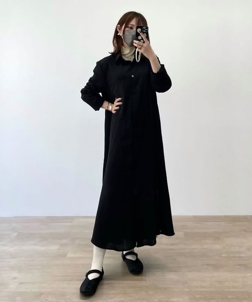 ARCADE(アーケード)の「秋服 フレア ロングシャツ 伸縮カットソー ワンピース -ARCADE Limited Line-(シャツワンピース・レディース・ブラック/ワイン/モスグリーン/マスタード・FREE)」の11枚目の写真