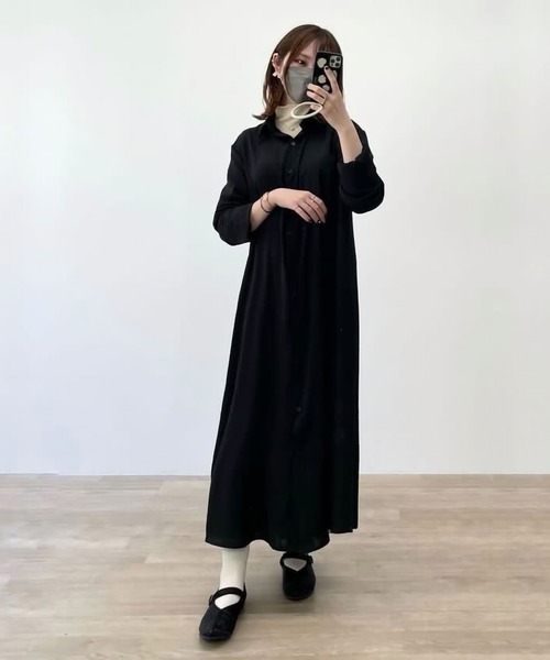 ARCADE(アーケード)の「秋服 フレア ロングシャツ 伸縮カットソー ワンピース -ARCADE Limited Line-(シャツワンピース・レディース・ブラック/ワイン/モスグリーン/マスタード・FREE)」の12枚目の写真