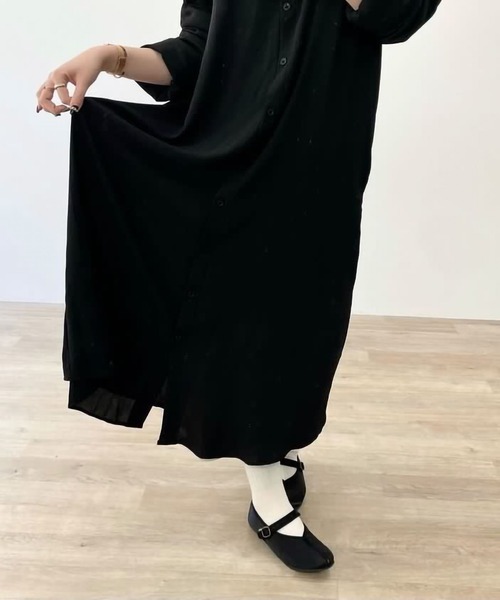ARCADE(アーケード)の「秋服 フレア ロングシャツ 伸縮カットソー ワンピース -ARCADE Limited Line-(シャツワンピース・レディース・ブラック/ワイン/モスグリーン/マスタード・FREE)」の14枚目の写真