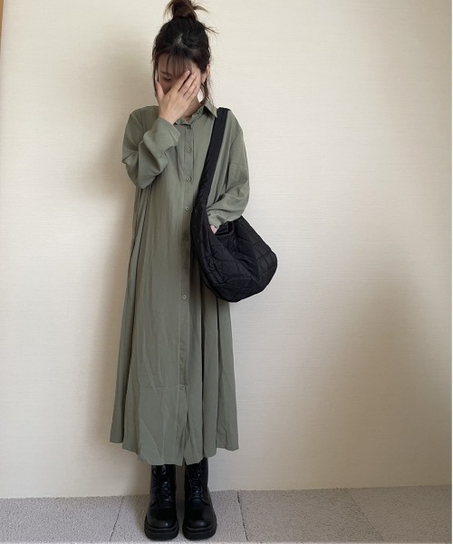 ARCADE(アーケード)の「秋服 フレア ロングシャツ 伸縮カットソー ワンピース -ARCADE Limited Line-(シャツワンピース・レディース・ブラック/ワイン/モスグリーン/マスタード・FREE)」の15枚目の写真