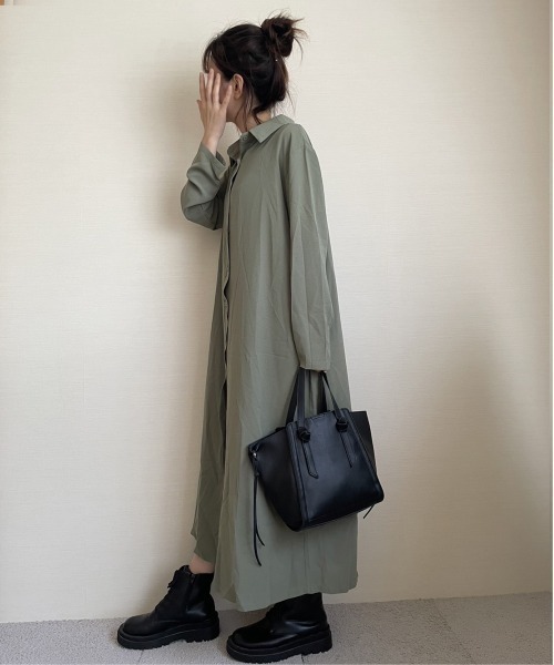 ARCADE(アーケード)の「秋服 フレア ロングシャツ 伸縮カットソー ワンピース -ARCADE Limited Line-(シャツワンピース・レディース・ブラック/ワイン/モスグリーン/マスタード・FREE)」の16枚目の写真