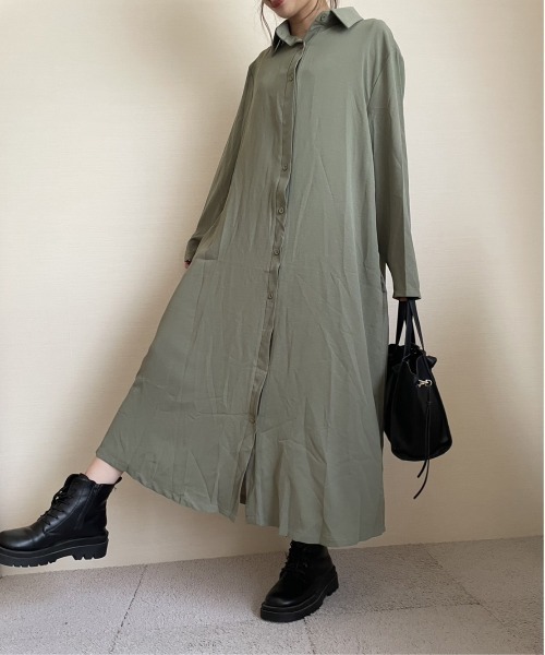 ARCADE(アーケード)の「秋服 フレア ロングシャツ 伸縮カットソー ワンピース -ARCADE Limited Line-(シャツワンピース・レディース・ブラック/ワイン/モスグリーン/マスタード・FREE)」の17枚目の写真