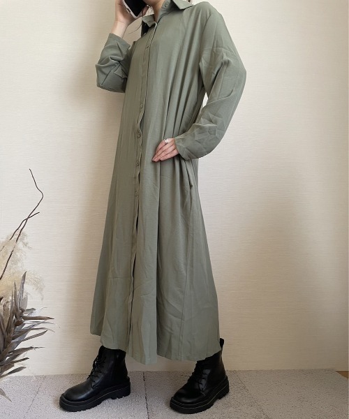 ARCADE(アーケード)の「秋服 フレア ロングシャツ 伸縮カットソー ワンピース -ARCADE Limited Line-(シャツワンピース・レディース・ブラック/ワイン/モスグリーン/マスタード・FREE)」の22枚目の写真