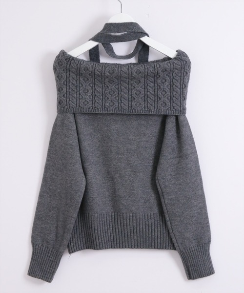 STAY MOTION（ステイモーション）の「【WEB限定】チョーカー付きケーブル編みオフショルダーニットトップス［韓国ファッション カジュアル］（ニット/セーター・レディース・オフホワイト/チャコールグレー/グレー・F）」の4枚目の写真