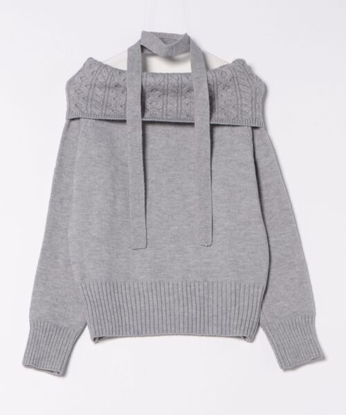 STAY MOTION（ステイモーション）の「【WEB限定】チョーカー付きケーブル編みオフショルダーニットトップス［韓国ファッション カジュアル］（ニット/セーター・レディース・オフホワイト/チャコールグレー/グレー・F）」の6枚目の写真