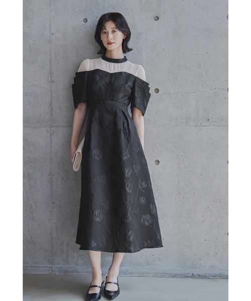 フラワージャガードフレアドレス パーティードレス オケージョンドレス