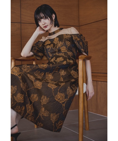 フラワージャガードフレアドレス パーティードレス オケージョンドレス