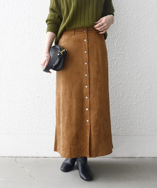 SHIPS any: ポリエステル スエード フロント ボタン Aライン スカート