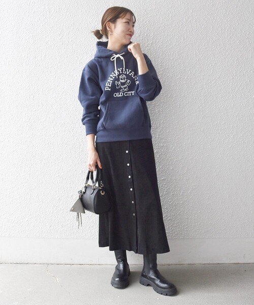 SHIPS any: ポリエステル スエード フロント ボタン Aライン スカート