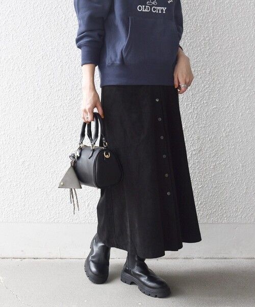 SHIPS any: ポリエステル スエード フロント ボタン Aライン スカート