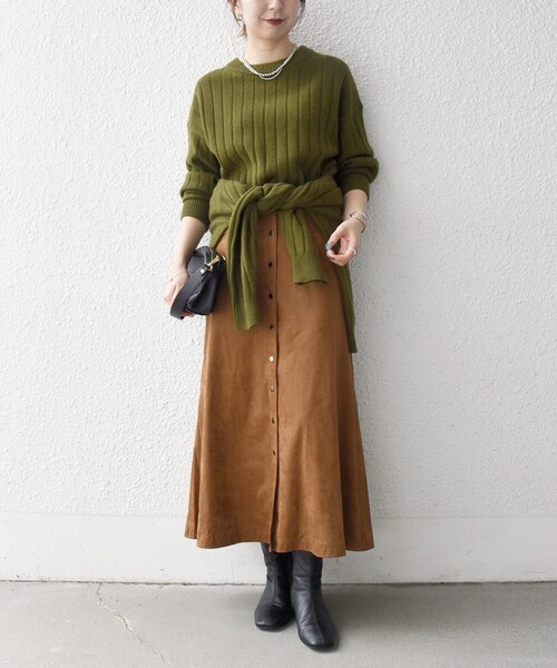 SHIPS any: ポリエステル スエード フロント ボタン Aライン スカート