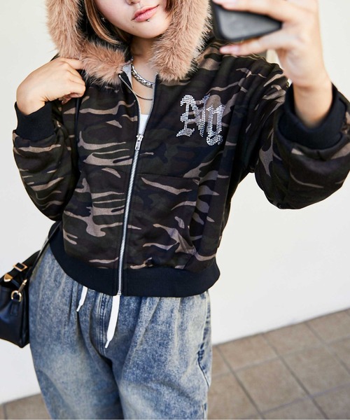 セール】《迷彩×ファー付き》レディース 裏毛スウェットジップパーカー
