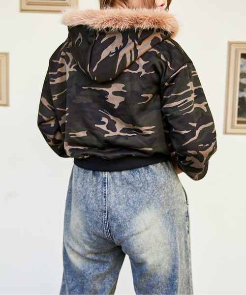セール】《迷彩×ファー付き》レディース 裏毛スウェットジップパーカー