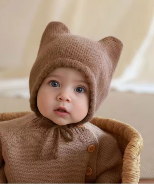 Bambin（ボンバン）の「【 Bambin / ボンバン 】 ネコミミ ニット ボンネット（ニットキャップ/ビーニー・キッズ・アイボリー/ブラウン・FREE）」の2枚目の写真