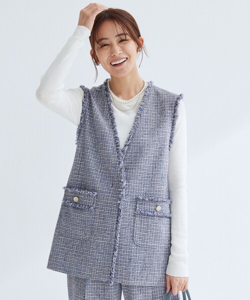 green label relaxing（グリーンレーベルリラクシング）の「［size SHORTあり］ライト ツイードライク ジレ（ベスト・レディース・ネイビー/コバルトブルー/レッド・SHORT/FREE）」の8枚目の写真