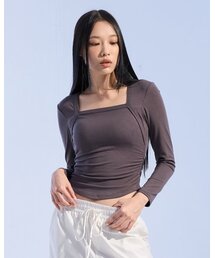MOAA（モア）の「Square neck shirring long sleeve (CHARCOAL)（Tシャツ/カットソー・レディース）」